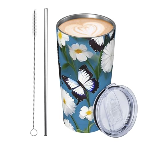 JKASDTRP Thermobecher aus Edelstahl, 590 ml, auslaufsicher, Reise-Kaffeetasse mit Deckel und Strohhalm, blaue Schmetterlinge, weiße Blumen, Trinkbecher, Geschenke für Frauen, Männer, Liebhaber JKASDTRP Thermobecher aus Edelstahl, 590 ml, auslaufsicher, Reise-Kaffeetasse mit Deckel und Strohhalm, blaue Schmetterlinge, weiße Blumen, Trinkbecher, Geschenke für Frauen, Männer, Liebhaber von JKASDTRP