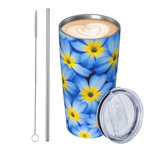JKASDTRP Thermobecher aus Edelstahl, 590 ml, auslaufsicher, Reise-Kaffeetasse mit Deckel und Strohhalm, blaue und gelbe Blumen, Geschenke für Frauen, Männer, Liebhaber von JKASDTRP