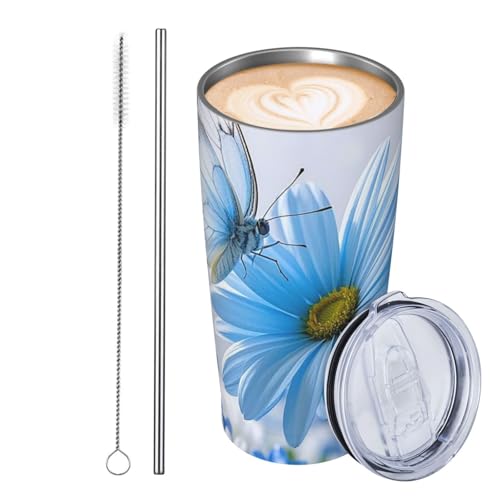 JKASDTRP Thermobecher aus Edelstahl, 590 ml, auslaufsicher, Reise-Kaffeetasse mit Deckel und Strohhalm, blaue und weiße Blume, Schmetterling, Blume, Getränke, Becher, Geschenke für Frauen, Männer JKASDTRP Thermobecher aus Edelstahl, 590 ml, auslaufsicher, Reise-Kaffeetasse mit Deckel und Strohhalm, blaue und weiße Blume, Schmetterling, Blume, Getränke, Becher, Geschenke für Frauen, Männer von JKASDTRP