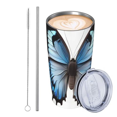 JKASDTRP Thermobecher aus Edelstahl, 590 ml, auslaufsicher, Reise-Kaffeetasse mit Deckel und Strohhalm, blauer Schmetterling, Trinkbecher, Geschenke für Frauen, Männer, Liebhaber von JKASDTRP