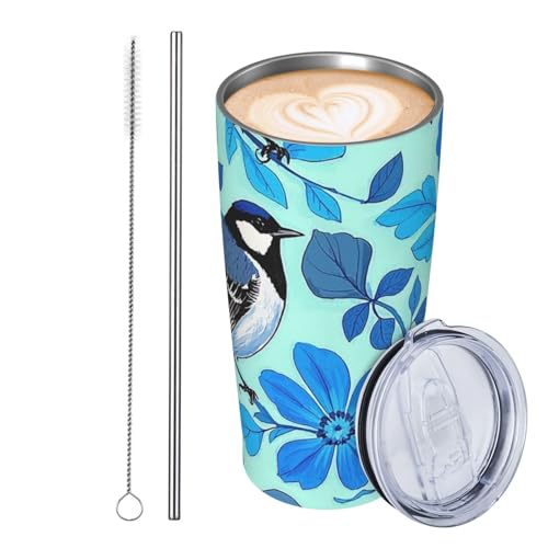 JKASDTRP Thermobecher aus Edelstahl, 590 ml, auslaufsicher, Reise-Kaffeetasse mit Deckel und Strohhalm, blaues Blumen-, Vogel- und Blattmuster, Trinkbecher, Geschenke für Frauen, Männer, Liebhaber JKASDTRP Thermobecher aus Edelstahl, 590 ml, auslaufsicher, Reise-Kaffeetasse mit Deckel und Strohhalm, blaues Blumen-, Vogel- und Blattmuster, Trinkbecher, Geschenke für Frauen, Männer, Liebhaber von JKASDTRP