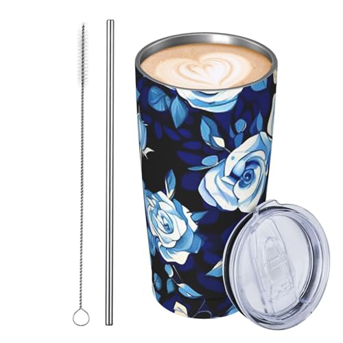 JKASDTRP Thermobecher aus Edelstahl, 590 ml, auslaufsicher, Reise-Kaffeetasse mit Deckel und Strohhalm, blaues Blumenmuster, Rosen, Trinkbecher, Geschenke für Frauen, Männer, Liebhaber JKASDTRP Thermobecher aus Edelstahl, 590 ml, auslaufsicher, Reise-Kaffeetasse mit Deckel und Strohhalm, blaues Blumenmuster, Rosen, Trinkbecher, Geschenke für Frauen, Männer, Liebhaber von JKASDTRP