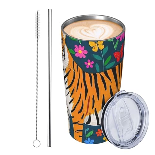 JKASDTRP Thermobecher aus Edelstahl, 590 ml, auslaufsicher, Reise-Kaffeetasse mit Deckel und Strohhalm, buntes Blumen-Tierdruck, Tiger, Trinkbecher, Geschenke für Frauen, Männer, Liebhaber von JKASDTRP