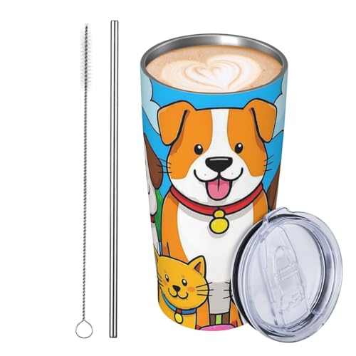 JKASDTRP Thermobecher aus Edelstahl, 590 ml, auslaufsicher, Reise-Kaffeetasse mit Deckel und Strohhalm, ein Haufen Hunde und Katzen, Geschenk für Frauen, Männer, Liebhaber von JKASDTRP