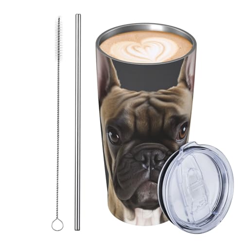 JKASDTRP Thermobecher aus Edelstahl, 590 ml, auslaufsicher, Reise-Kaffeetasse mit Deckel und Strohhalm, französische Bulldogge, Geschenke für Frauen, Männer, Liebhaber von JKASDTRP