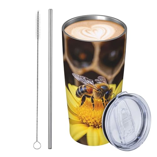 JKASDTRP Thermobecher aus Edelstahl, 590 ml, auslaufsicher, Reise-Kaffeetasse mit Deckel und Strohhalm, gelb-blau, Blumenmuster, Bienenstock, Getränkebecher, Geschenke für Frauen, Männer, Liebhaber von JKASDTRP