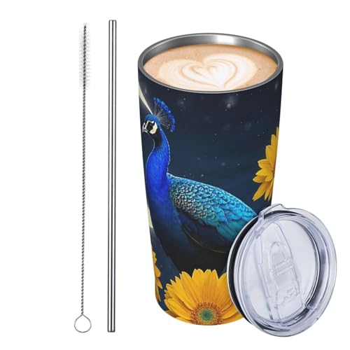 JKASDTRP Thermobecher aus Edelstahl, 590 ml, auslaufsicher, Reise-Kaffeetasse mit Deckel und Strohhalm, gelbe Blume, Mond, blauer Pfau, Trinkbecher, Geschenke für Frauen, Männer, Liebhaber JKASDTRP Thermobecher aus Edelstahl, 590 ml, auslaufsicher, Reise-Kaffeetasse mit Deckel und Strohhalm, gelbe Blume, Mond, blauer Pfau, Trinkbecher, Geschenke für Frauen, Männer, Liebhaber von JKASDTRP