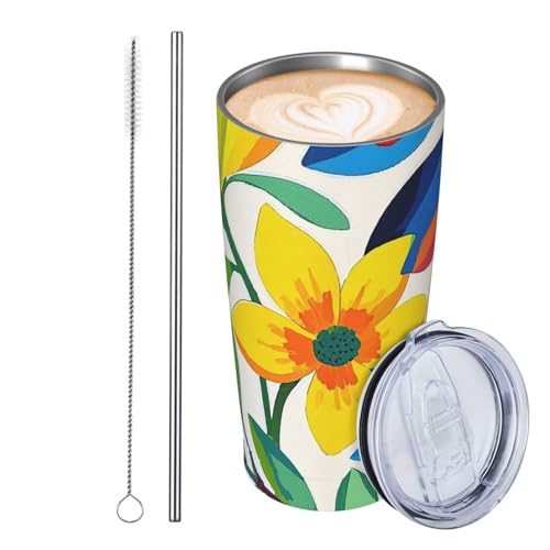 JKASDTRP Thermobecher aus Edelstahl, 590 ml, auslaufsicher, Reise-Kaffeetasse mit Deckel und Strohhalm, gelbe Blumen, bunte Blumen, rote Früchte, Getränkebecher, Geschenke für Frauen, Männer JKASDTRP Thermobecher aus Edelstahl, 590 ml, auslaufsicher, Reise-Kaffeetasse mit Deckel und Strohhalm, gelbe Blumen, bunte Blumen, rote Früchte, Getränkebecher, Geschenke für Frauen, Männer von JKASDTRP
