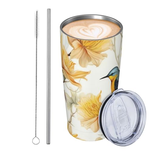 JKASDTRP Thermobecher aus Edelstahl, 590 ml, auslaufsicher, Reise-Kaffeetasse mit Deckel und Strohhalm, gelbe Blumen und Vögel, Trinkbecher, Geschenke für Frauen, Männer, Liebhaber JKASDTRP Thermobecher aus Edelstahl, 590 ml, auslaufsicher, Reise-Kaffeetasse mit Deckel und Strohhalm, gelbe Blumen und Vögel, Trinkbecher, Geschenke für Frauen, Männer, Liebhaber von JKASDTRP