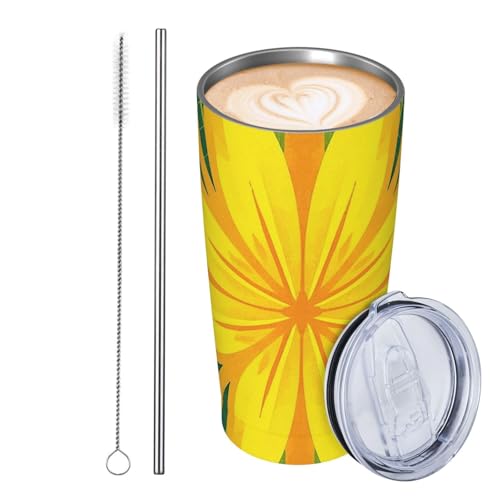 JKASDTRP Thermobecher aus Edelstahl, 590 ml, auslaufsicher, Reise-Kaffeetasse mit Deckel und Strohhalm, gelbes Blumen- und Blattmuster, Trinkbecher, Geschenke für Frauen, Männer, Liebhaber von JKASDTRP