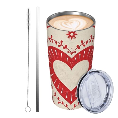 JKASDTRP Thermobecher aus Edelstahl, 590 ml, auslaufsicher, Reise-Kaffeetasse mit Deckel und Strohhalm, gemischte Herzen und Wirbel, Trinkbecher, Geschenke für Frauen, Männer, Liebhaber von JKASDTRP