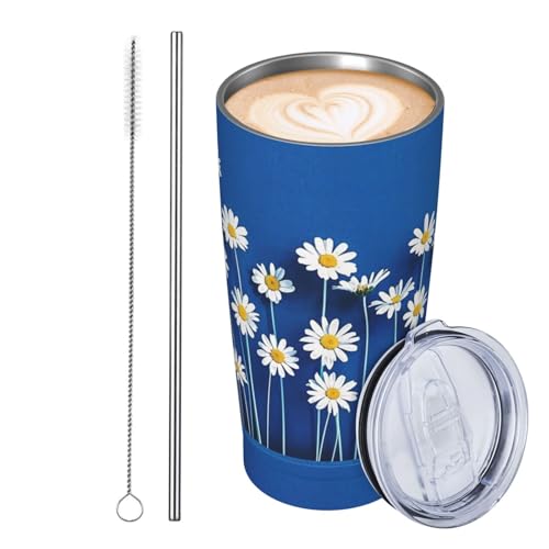 JKASDTRP Thermobecher aus Edelstahl, 590 ml, auslaufsicher, Reise-Kaffeetasse mit Deckel und Strohhalm, kleine Gänseblümchen in einer Reihe, Trinkbecher, Geschenke für Frauen, Männer, Liebhaber von JKASDTRP