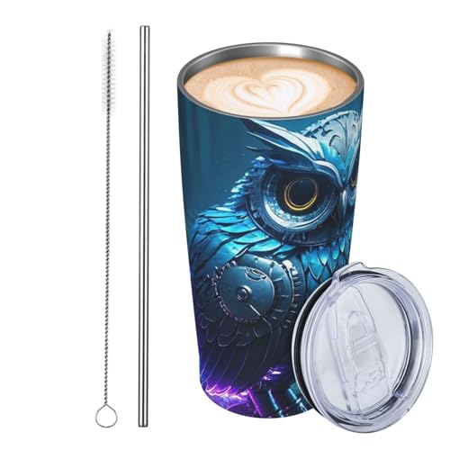 JKASDTRP Thermobecher aus Edelstahl, 590 ml, auslaufsicher, Reise-Kaffeetasse mit Deckel und Strohhalm, mechanische Eulen-Getränkebecher, Geschenke für Frauen, Männer, Liebhaber von JKASDTRP