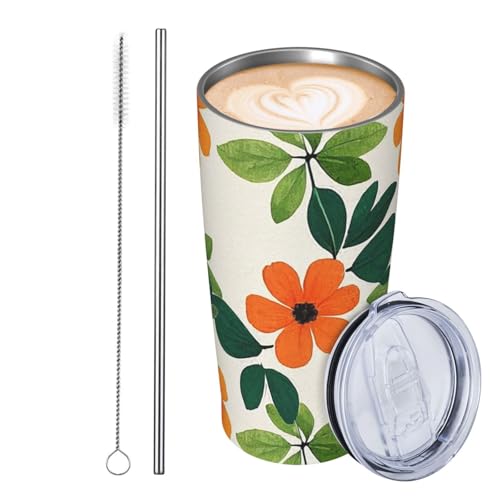 JKASDTRP Thermobecher aus Edelstahl, 590 ml, auslaufsicher, Reise-Kaffeetasse mit Deckel und Strohhalm, mit orangefarbenen Blumen und grünem Blattmuster, Trinkbecher, Geschenke für Frauen, Männer JKASDTRP Thermobecher aus Edelstahl, 590 ml, auslaufsicher, Reise-Kaffeetasse mit Deckel und Strohhalm, mit orangefarbenen Blumen und grünem Blattmuster, Trinkbecher, Geschenke für Frauen, Männer von JKASDTRP