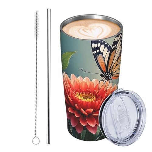 JKASDTRP Thermobecher aus Edelstahl, 590 ml, auslaufsicher, Reise-Kaffeetasse mit Deckel und Strohhalm, moderne Blume, Schmetterling, Trinkbecher, Geschenke für Frauen, Männer, Liebhaber JKASDTRP Thermobecher aus Edelstahl, 590 ml, auslaufsicher, Reise-Kaffeetasse mit Deckel und Strohhalm, moderne Blume, Schmetterling, Trinkbecher, Geschenke für Frauen, Männer, Liebhaber von JKASDTRP