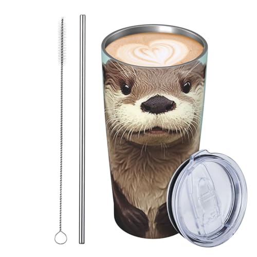 JKASDTRP Thermobecher aus Edelstahl, 590 ml, auslaufsicher, Reise-Kaffeetasse mit Deckel und Strohhalm, niedlicher Otter-Trinkbecher, Geschenke für Frauen, Männer, Liebhaber von JKASDTRP