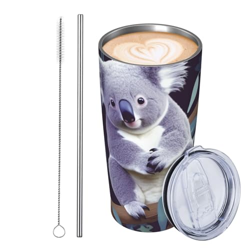 JKASDTRP Thermobecher aus Edelstahl, 590 ml, auslaufsicher, Reise-Kaffeetasse mit Deckel und Strohhalm, schöne Koala-Getränkebecher, Geschenke für Frauen, Männer, Liebhaber von JKASDTRP