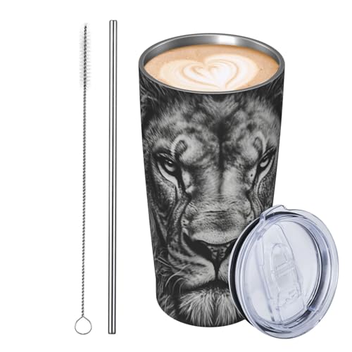 JKASDTRP Thermobecher aus Edelstahl, 590 ml, auslaufsicher, Reise-Kaffeetasse mit Deckel und Strohhalm, schwarz und weiß, Löwenkopf, Trinkbecher, Geschenke für Frauen, Männer, Liebhaber JKASDTRP Thermobecher aus Edelstahl, 590 ml, auslaufsicher, Reise-Kaffeetasse mit Deckel und Strohhalm, schwarz und weiß, Löwenkopf, Trinkbecher, Geschenke für Frauen, Männer, Liebhaber von JKASDTRP
