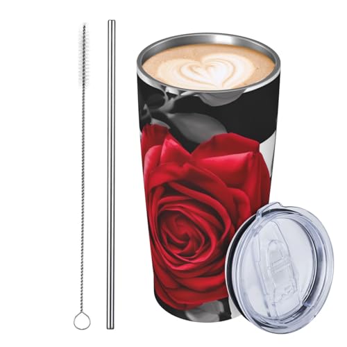 JKASDTRP Thermobecher aus Edelstahl, 590 ml, auslaufsicher, Reise-Kaffeetasse mit Deckel und Strohhalm, schwarz-weiße Streifen, rote Rose, Blumen, Trinkbecher, Geschenke für Frauen, Männer, Liebhaber JKASDTRP Thermobecher aus Edelstahl, 590 ml, auslaufsicher, Reise-Kaffeetasse mit Deckel und Strohhalm, schwarz-weiße Streifen, rote Rose, Blumen, Trinkbecher, Geschenke für Frauen, Männer, Liebhaber von JKASDTRP