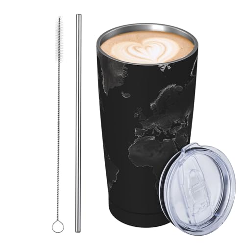 JKASDTRP Thermobecher aus Edelstahl, 590 ml, auslaufsicher, Reise-Kaffeetasse mit Deckel und Strohhalm, schwarze Weltkarte, Trinkbecher, Geschenke für Frauen, Männer, Liebhaber JKASDTRP Thermobecher aus Edelstahl, 590 ml, auslaufsicher, Reise-Kaffeetasse mit Deckel und Strohhalm, schwarze Weltkarte, Trinkbecher, Geschenke für Frauen, Männer, Liebhaber von JKASDTRP