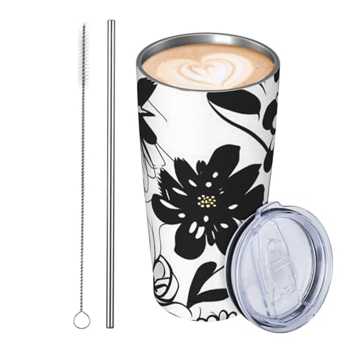 JKASDTRP Thermobecher aus Edelstahl, 590 ml, auslaufsicher, Reise-Kaffeetasse mit Deckel und Strohhalm, schwarze und weiße Blumen, Geschenke für Frauen, Männer, Liebhaber von JKASDTRP