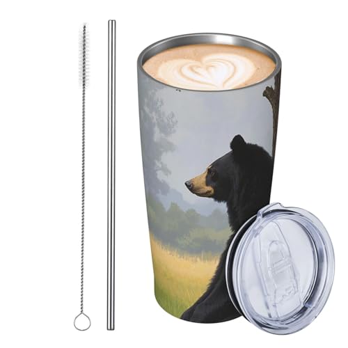 JKASDTRP Thermobecher aus Edelstahl, 590 ml, auslaufsicher, Reise-Kaffeetasse mit Deckel und Strohhalm, schwarzer Bär, der sich an einen Baum lehnt, Trinkbecher, Geschenke für Frauen, Männer von JKASDTRP