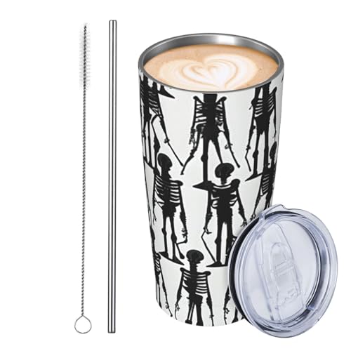 JKASDTRP Thermobecher aus Edelstahl, 590 ml, auslaufsicher, Reise-Kaffeetasse mit Deckel und Strohhalm, schwarzer Totenkopf-Motiv, Geschenke für Frauen, Männer, Liebhaber von JKASDTRP
