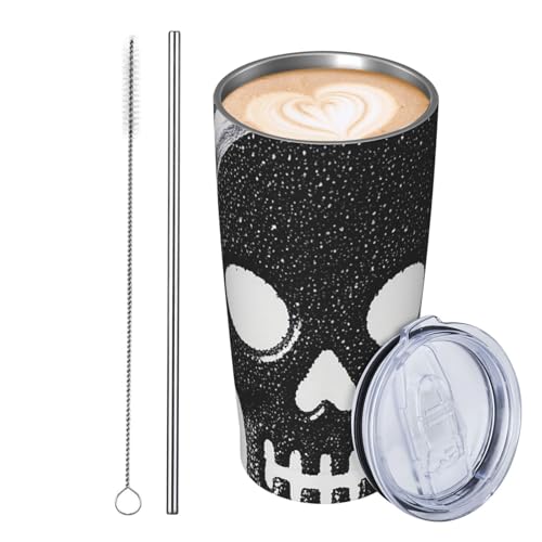 JKASDTRP Thermobecher aus Edelstahl, 590 ml, auslaufsicher, Reise-Kaffeetasse mit Deckel und Strohhalm, schwarzer Totenkopf-Motiv, Geschenke für Frauen, Männer, Liebhaber von JKASDTRP