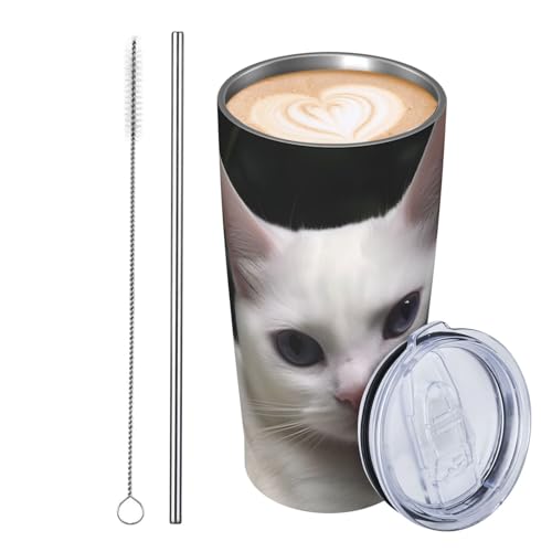 JKASDTRP Thermobecher aus Edelstahl, 590 ml, auslaufsicher, Reise-Kaffeetasse mit Deckel und Strohhalm, weiße Katze, Geschenke für Frauen, Männer, Liebhaber JKASDTRP Thermobecher aus Edelstahl, 590 ml, auslaufsicher, Reise-Kaffeetasse mit Deckel und Strohhalm, weiße Katze, Geschenke für Frauen, Männer, Liebhaber von JKASDTRP