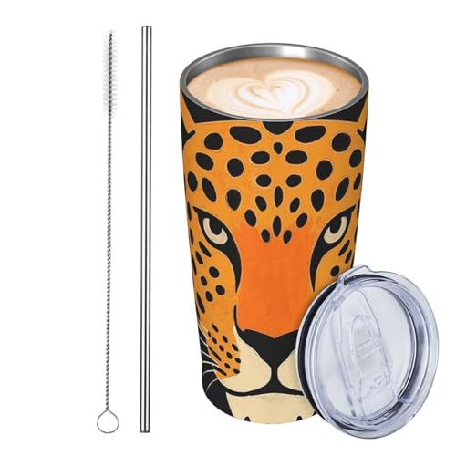 Thermobecher aus Edelstahl, 590 ml, auslaufsicher, Reise-Kaffeetasse mit Deckel und Strohhalm, Leopardenmuster, abstraktes Wildtier-Leopardenmuster, Trinkbecher, Geschenke für Frauen, Männer von JKASDTRP
