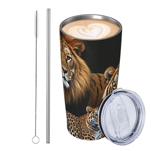 Thermobecher aus Edelstahl, 590 ml, auslaufsicher, Reise-Kaffeetasse mit Deckel und Strohhalm, Löwe, Tiger und Leopard, Jaguar, Geschenk für Frauen, Männer, Liebhaber Thermobecher aus Edelstahl, 590 ml, auslaufsicher, Reise-Kaffeetasse mit Deckel und Strohhalm, Löwe, Tiger und Leopard, Jaguar, Geschenk für Frauen, Männer, Liebhaber von JKASDTRP