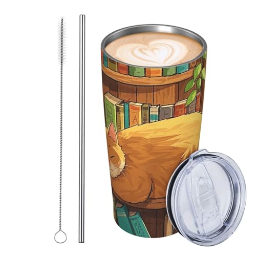 Thermobecher aus Edelstahl, 590 ml, auslaufsicher, Reise-Kaffeetasse mit Deckel und Strohhalm, Mokujin-Cartoon, schlafende Katze mit Bücherregal, Trinkbecher, Geschenke für Frauen, Männer, Liebhaber von JKASDTRP