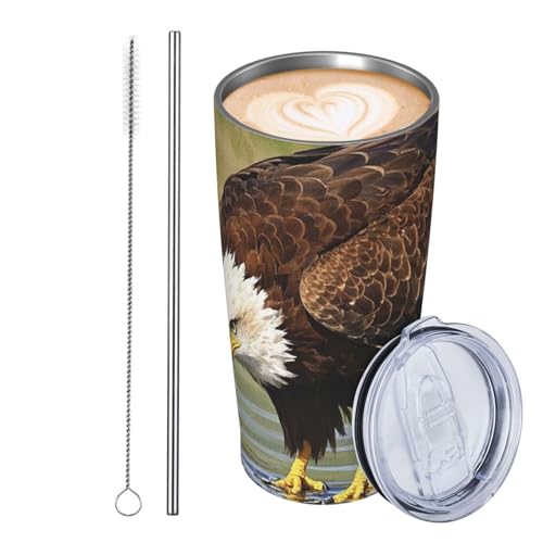 Thermobecher aus Edelstahl, 590 ml, auslaufsicher, Reise-Kaffeetasse mit Deckel und Strohhalm, Weißkopfseeadler, Aquarell, Wildschnabel, Vogel, brauner Trinkbecher, Geschenke für Frauen, Männer Thermobecher aus Edelstahl, 590 ml, auslaufsicher, Reise-Kaffeetasse mit Deckel und Strohhalm, Weißkopfseeadler, Aquarell, Wildschnabel, Vogel, brauner Trinkbecher, Geschenke für Frauen, Männer von JKASDTRP