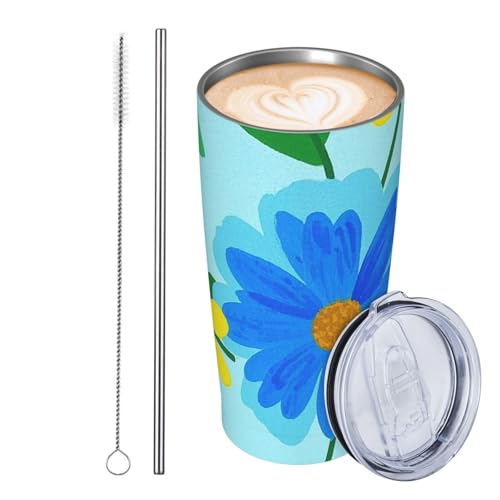 Thermobecher aus Edelstahl, 590 ml, auslaufsicher, Reise-Kaffeetasse mit Deckel und Strohhalm, blaue und gelbe Blumen und grüne Blätter, Geschenke für Frauen, Männer, Liebhaber Thermobecher aus Edelstahl, 590 ml, auslaufsicher, Reise-Kaffeetasse mit Deckel und Strohhalm, blaue und gelbe Blumen und grüne Blätter, Geschenke für Frauen, Männer, Liebhaber von JKASDTRP