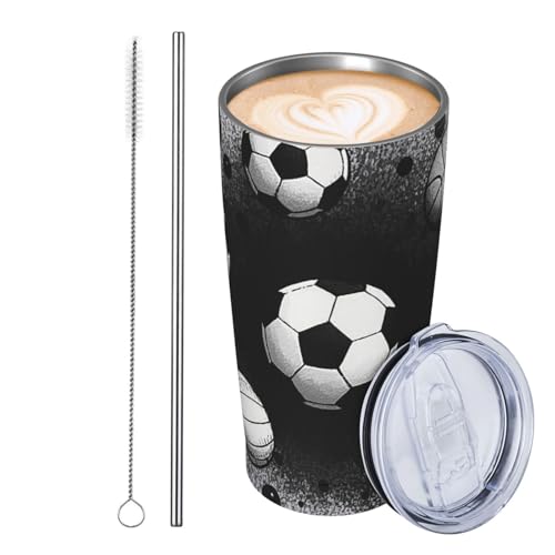 Thermobecher aus Edelstahl, 590 ml, auslaufsicher, Reise-Kaffeetasse mit Deckel und Strohhalm, schwarz-weiße Kugel, abstrakte dunkle Tinte, Muster, Trinkbecher, Geschenke für Frauen, Männer, Liebhaber von JKASDTRP