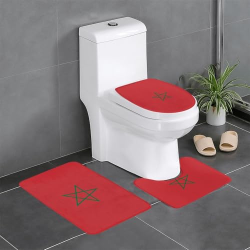 JKDGOJ 3-teiliges Badezimmerteppich-Set, Motiv: Flagge von Marokko, rutschfest, leicht zu reinigen und zu pflegen, feuchtigkeitsblockierend und langlebig von JKDGOJ