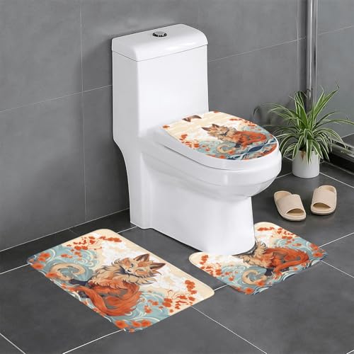 JKDGOJ 3-teiliges Badezimmerteppich-Set, sitzender Fuchs, rutschfest, leicht zu reinigen und zu pflegen, feuchtigkeitsblockierend und langlebig von JKDGOJ