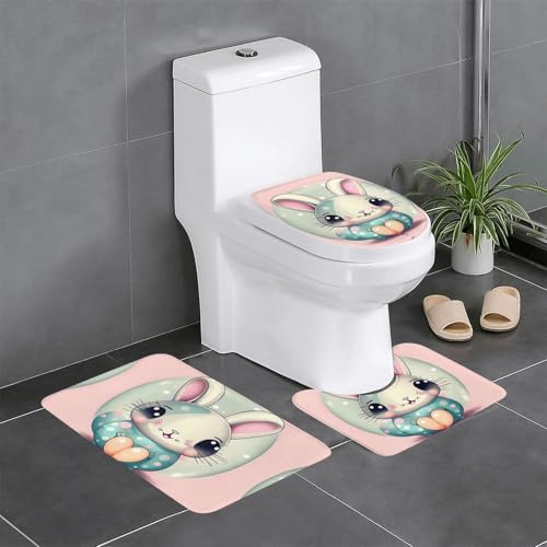 JKDGOJ 3-teiliges Badezimmerteppich-Set mit Cartoon-Hasenbild, rutschfest, leicht zu reinigen und zu pflegen, feuchtigkeitsblockierend und langlebig von JKDGOJ