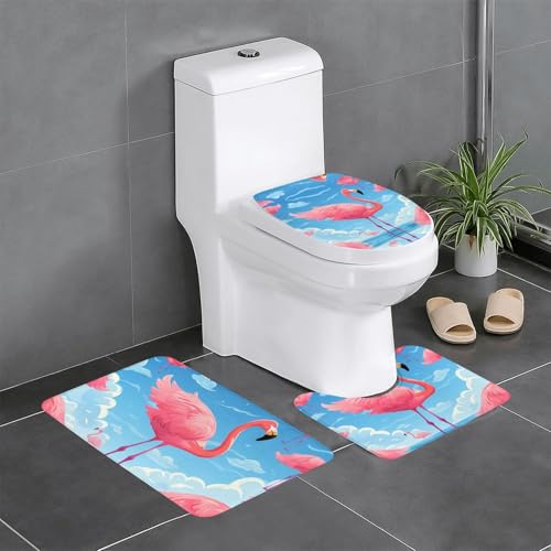 JKDGOJ 3-teiliges Badezimmerteppich-Set mit Flamingos auf dem Wasserbild, rutschfest, leicht zu reinigen und zu pflegen, feuchtigkeitsblockierend und langlebig von JKDGOJ