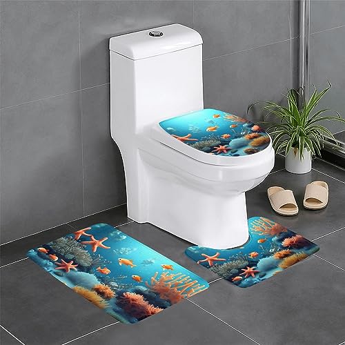 JKDGOJ 3-teiliges Badezimmerteppich-Set mit Korallenfischen und Unterwasserbild, rutschfestes Badteppich-Set, leicht zu reinigen und zu pflegen, feuchtigkeitsblockierend und langlebig von JKDGOJ