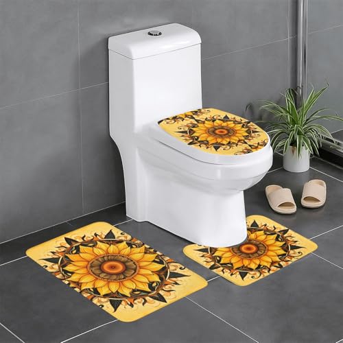 JKDGOJ 3-teiliges Badezimmerteppich-Set mit Sonnenblumenkranz, rutschfest, leicht zu reinigen und zu pflegen, feuchtigkeitsblockierend und langlebig von JKDGOJ