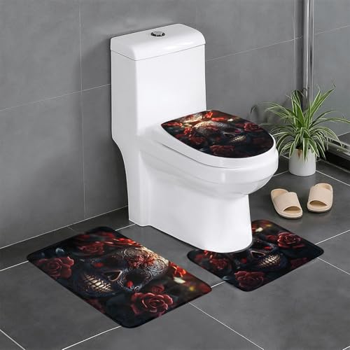 JKDGOJ 3-teiliges Badezimmerteppich-Set mit Totenkopf-Motiv, Motiv: Totenkopf, Blume, Rose, rutschfest, leicht zu reinigen und zu pflegen, feuchtigkeitsblockierend und langlebig JKDGOJ 3-teiliges Badezimmerteppich-Set mit Totenkopf-Motiv, Motiv: Totenkopf, Blume, Rose, rutschfest, leicht zu reinigen und zu pflegen, feuchtigkeitsblockierend und langlebig von JKDGOJ