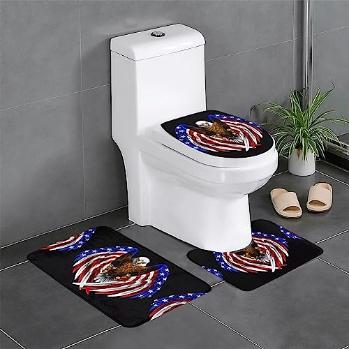 JKDGOJ 3-teiliges Badezimmerteppich-Set mit USA-Flagge, patriotisches Adlerbild, rutschfestes Badteppich-Set, leicht zu reinigen und zu pflegen, feuchtigkeitsblockierend und langlebig von JKDGOJ