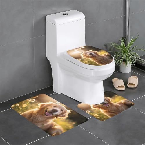 JKDGOJ 3-teiliges Badezimmerteppich-Set mit lächelndem Golden Retriever-Bild, rutschfestes Badteppich-Set, leicht zu reinigen und zu pflegen, feuchtigkeitsblockierend und langlebig JKDGOJ 3-teiliges Badezimmerteppich-Set mit lächelndem Golden Retriever-Bild, rutschfestes Badteppich-Set, leicht zu reinigen und zu pflegen, feuchtigkeitsblockierend und langlebig von JKDGOJ