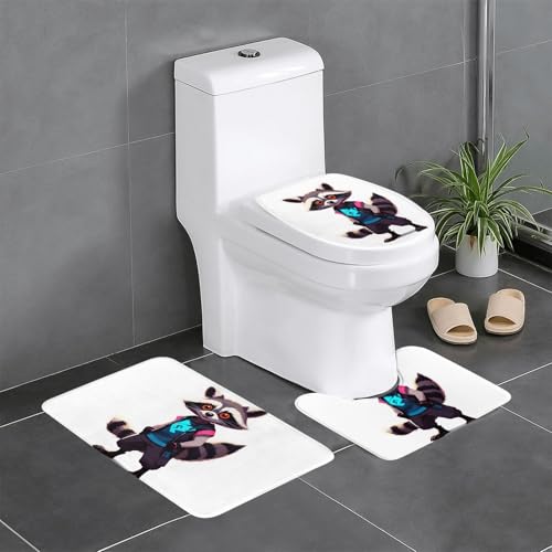 JKDGOJ 3-teiliges Badezimmerteppich-Set mit neonfarbenem Waschbär-Hack-Bild, rutschfestes Badteppich-Set, leicht zu reinigen und zu pflegen, feuchtigkeitsblockierend und langlebig von JKDGOJ