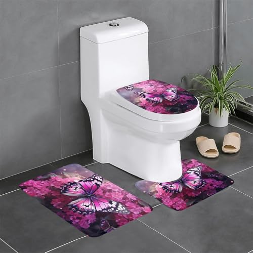 JKDGOJ 3-teiliges Badezimmerteppich-Set mit rosa Blumen und violettem Schmetterling, rutschfest, leicht zu reinigen und zu pflegen, feuchtigkeitsblockierend und langlebig JKDGOJ 3-teiliges Badezimmerteppich-Set mit rosa Blumen und violettem Schmetterling, rutschfest, leicht zu reinigen und zu pflegen, feuchtigkeitsblockierend und langlebig von JKDGOJ