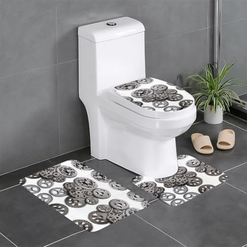 JKDGOJ Mechanical Gears Picture 3-teiliges Badezimmerteppich-Set – rutschfestes Badteppich-Set – leicht zu reinigen und zu pflegen – feuchtigkeitsblockierend und langlebig von JKDGOJ