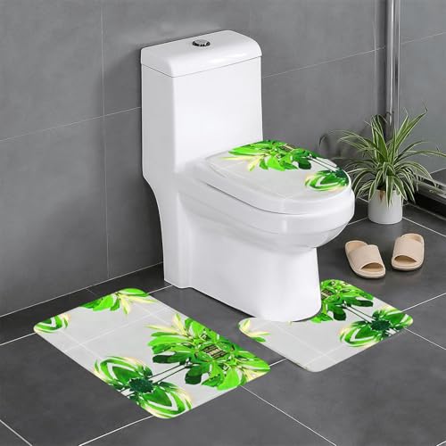 JKDGOJ Minimalistisches Monstera-Blattbild, 3-teiliges Badezimmerteppich-Set, rutschfestes Badteppich-Set, leicht zu reinigen und zu pflegen, feuchtigkeitsblockierend und langlebig von JKDGOJ