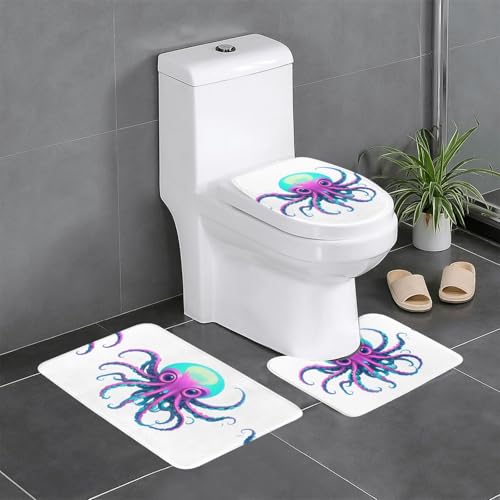 JKDGOJ Neon Kraken Core Picture 3-teiliges Badezimmerteppich-Set, rutschfest, leicht zu reinigen und zu pflegen, feuchtigkeitsblockierend und langlebig von JKDGOJ