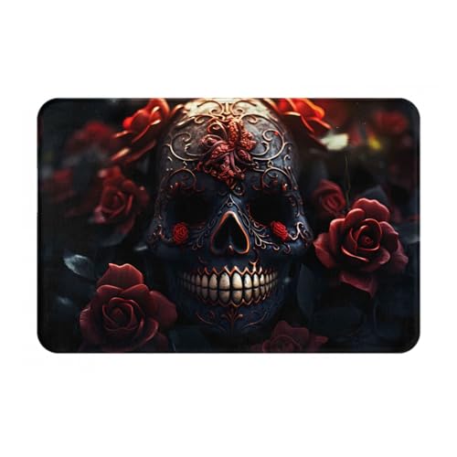JKDGOJ Rutschfeste Bodenmatte mit Totenkopf-Motiv und Rosen-Aufdruck, für Innen- und Außenbereich, geeignet für Schlafzimmer und Badezimmer, 40,6 x 61 cm von JKDGOJ